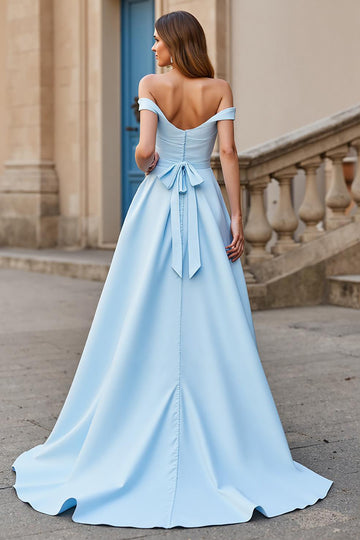 Satin A Line Off the Shoulder Court Train Sky Blue Wedding Dress